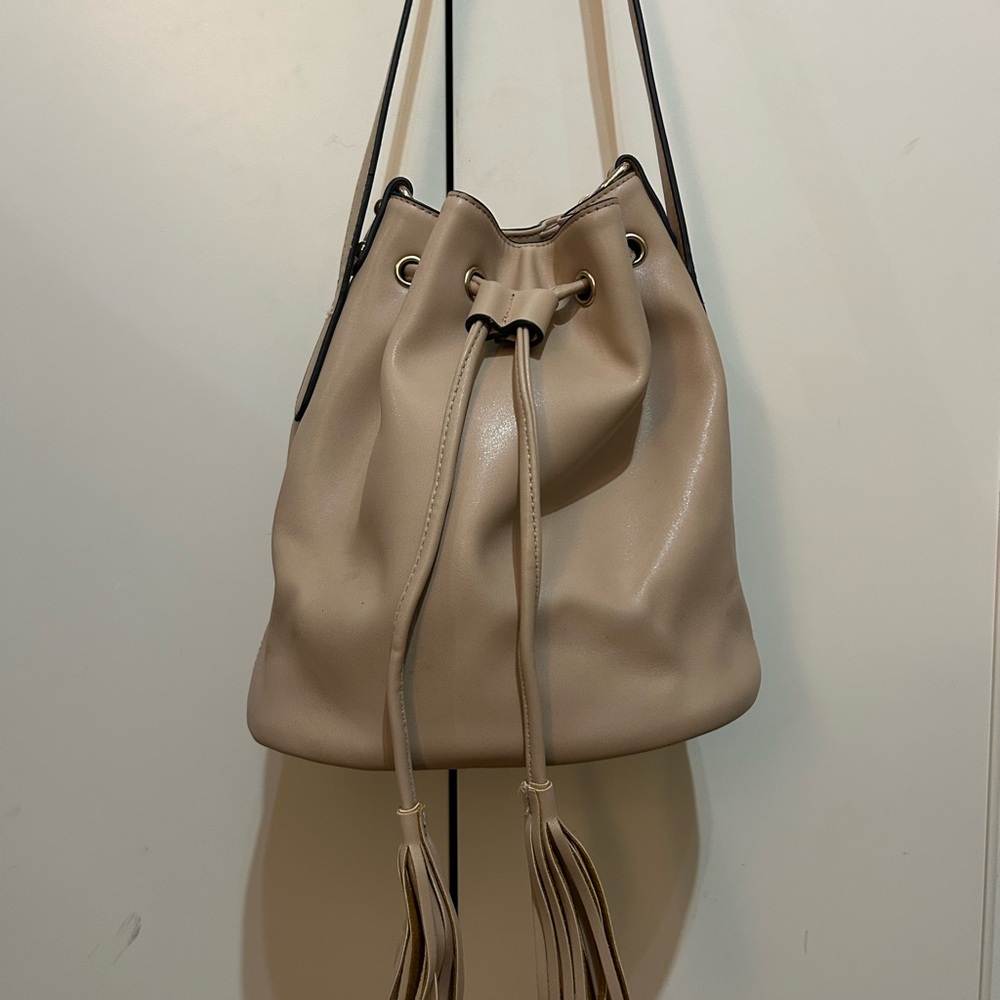 Beige Tan Drawstring Boho Bucket Bag Purse with tassels